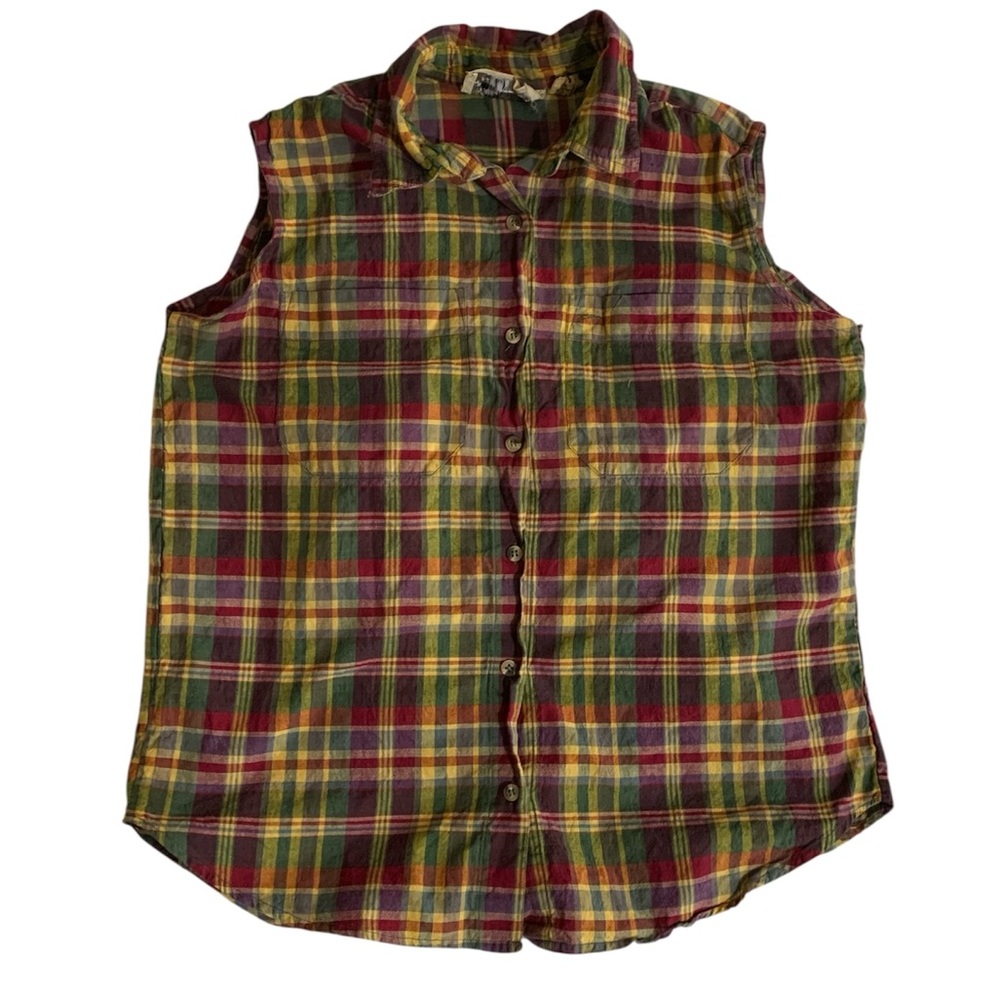 Sleeveless Multicolored Plaid Sleeveless Button-Up Size Large